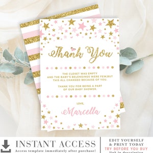 Twinkle Little Star Thank You Card. Pink Gold Stars Baby Shower Favors. Girls 1st Birthday Printable Template. EDITABLE Download. TT2