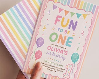 Fun to Be One Birthday Invitation: Pastel Rainbow First Birthday Girl (Digital Download), FUN6