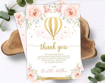 EDITABLE Hot Air Balloon Thank You Card. Blush Pink Gold Floral Adventure Baby Shower Printable. 1st Birthday Favors. HAB5