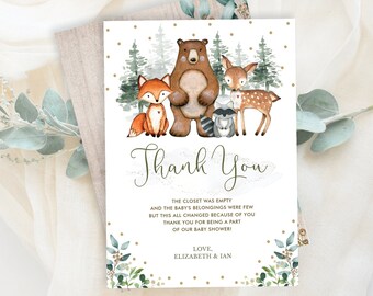 Forest Woodland Thank You Card Printable. Greenery Pine Trees Cute Animals. Deer Fox Bear Baby Shower Birthday EDITABLE TEMPLATE. WOOD14