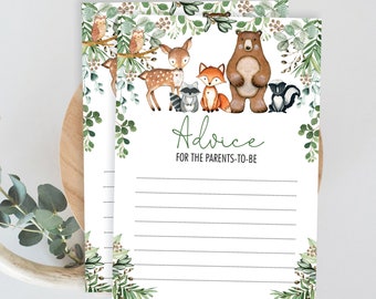 Woodland Advice Card for PARENTS, MOM, MUM. Greenery Forest Animals Baby Shower Game. Wishes Advice Printable Instant Download. WOOD24