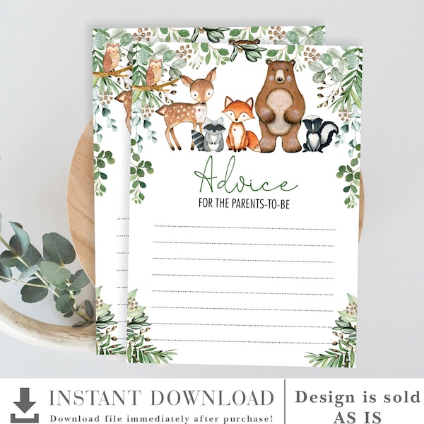 Woodland Advice Card for PARENTS, MOM, MUM. Greenery Forest Animals Baby Shower Game. Wishes Advice Printable Instant Download. WOOD24