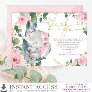 EDITABLE Floral Elephant Thank You Card. Pink Gold Roses Greenery Jungle Baby Shower Birthday Printable Favors. INSTANT DOWNLOAD. EL10 image 1