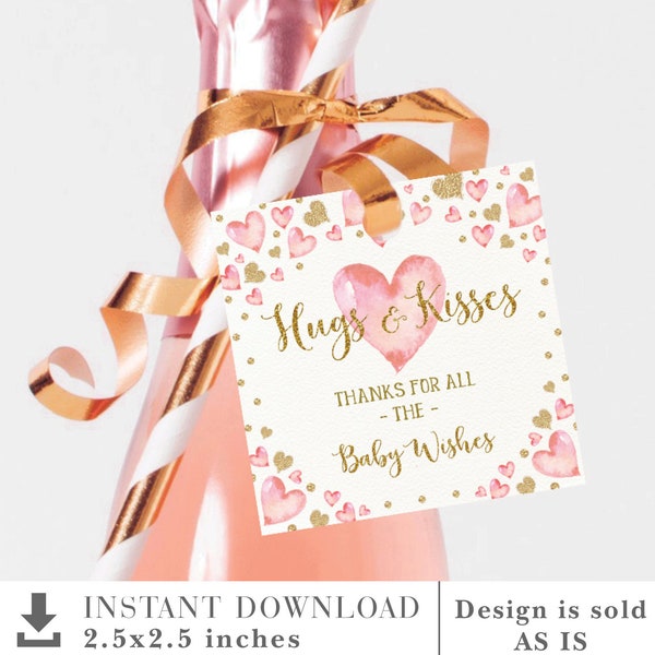 Valentines Baby Shower Favor Tags. Hugs & Kisses Baby Wishes Thank You Favours. Pink Gold Sweetheart Printable. INSTANT DOWNLOAD. VAL1