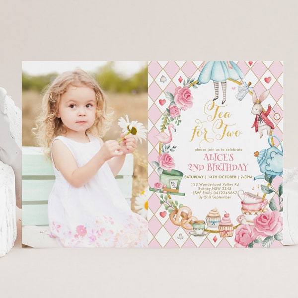 Tea For Two 2nd Birthday Photo Invitation Alice in Wonderland Editable Invite Template Mad Hatter Tea Party Pink Gold Floral Printable AL1