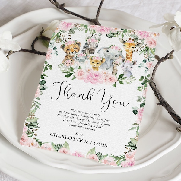 EDITABLE Girl Safari Baby Shower Thank You Card Template, Jungle Animals Wild One 1st Birthday Printable Favor Pink Floral Download, JUN16