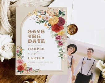 Rustic Flowers Save the Date Template, Boho Garden Wedding Digital Invite, Burgundy Blush Yellow Floral EDITABLE Corjl  Download, FLO1