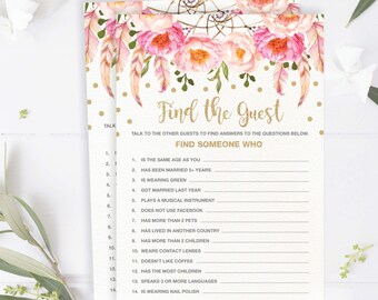 Find the Guest Bridal Shower and Hens Party Game Printable Pink / Gold Boho Floral Theme FLO12A