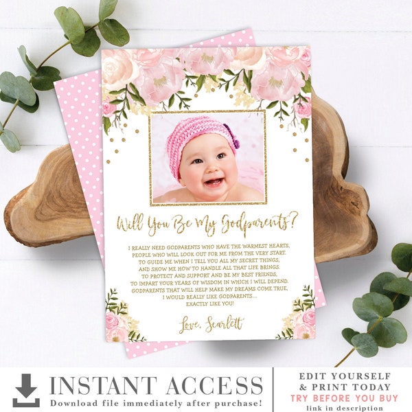 EDITABLE Godparents Proposal Card. Will You Be My Godmother / Godfather Printable Card. Watercolor Blush Pink Floral Photo Card. FLO18A