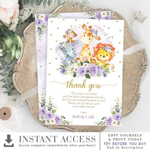 Modèle de carte de remerciement modifiable pourpre Floral Safari Baby Shower. Animaux de la jungle aquarelle imprimables. Lion éléphant singe girafe. JUIN15