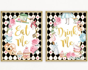 Alice in Wonderland Party Signs, Drink Me Eat Me Signs, Mad Tea Party Onederland 1st Birthday Food Table Decorations INSTANT DOWNLOAD, AL1