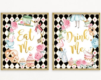 Alice in Wonderland Party Signs, Drink Me Eat Me Signs, Mad Tea Party Onederland 1st Birthday Food Table Decorations INSTANT DOWNLOAD, AL1