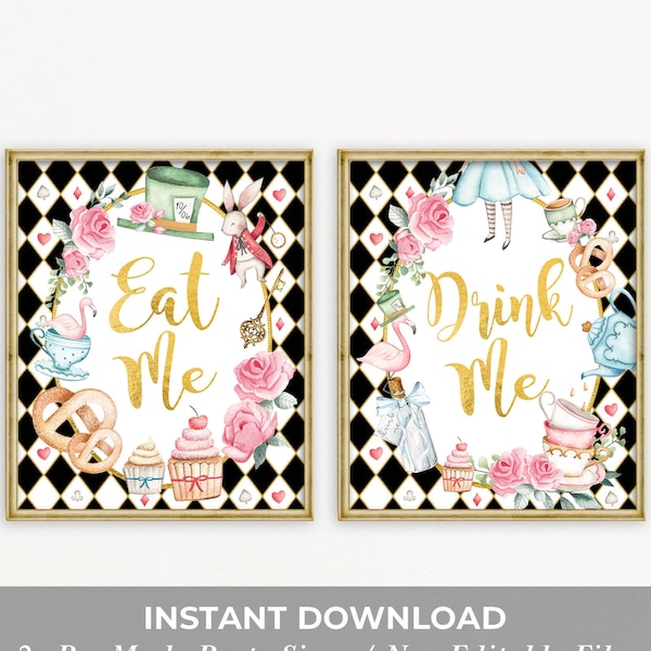 Alice in Wonderland Party Signs, Drink Me Eat Me Signs, Mad Tea Party Onederland 1st Birthday Food Table Decorations INSTANT DOWNLOAD, AL1