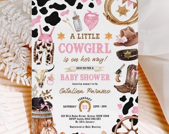Roze cowgirl babyshower uitnodiging, rodeo babymeisje douche uitnodiging sjabloon, wilde westen westerse roze strik nodigt uit om direct te downloaden, CO3