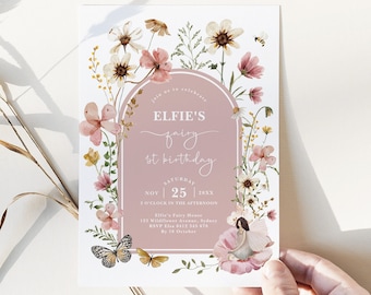 Fairy First Birthday Invitation: Muted Blush Wildflower Boho Party Editable Template Download, FA5