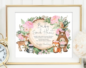 Baby Sock Hunt Game Sign, Girl Woodland Baby Shower Sock Hunting Game, Pink Floral Forest Animals Printable INSTANT DOWNLOAD, WOOD25