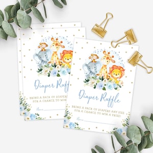 Jungle Animals Diaper Raffle, Safari Baby Shower, Blue Gold Floral Printable, Boy Elephant Lion Giraffe Monkey Instant Download, JUN10