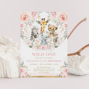 EDITABLE Blush Floral Jungle Wild One Birthday Invitation, Safari Animals Party Invite, Pink Gold Flowers Printable Template Download, SAF8
