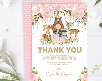 EDITABLE Girl Woodland Thank You Card. Pink Gold Floral Baby Shower Thank You Note. Woodland Animals Forest Birthday Printable. FLO18G