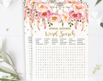 Word Search Bridal Shower and Hens Party Game Printable Pink / Gold Boho Floral Theme FLO12A