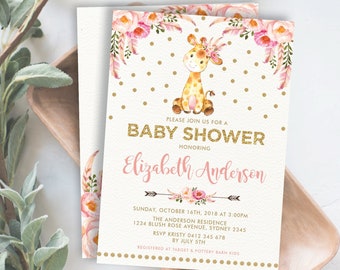 Boho Giraffe Baby Shower Invitation. Pink Gold Jungle Safari Baby Sprinkle Printable. EDITABLE TEMPLATE. Instant Download. FLO12AG