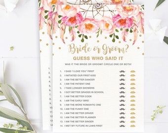 Bride or Groom Bridal Shower and Hens Party Game Printable Pink / Gold Boho Floral Theme FLO12A