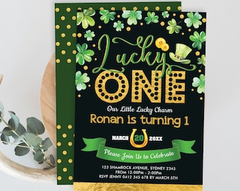 Lucky One 1st Birthday Invitation. Shamrock St Patrick's Day Chalkboard Invite. Green and Gold Lucky Charm Printable Template Download. SP1