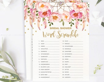 Word Scramble Bridal Shower and Hens Party Game Printable Pink / Gold Boho Floral Theme FLO12A