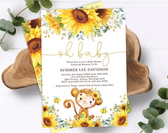 EDITABLE Sunflower Monkey Baby Shower Invitation. Boho Summer Yellow Floral Watercolor Greenery Printable Template INSTANT DOWNLOAD. MO3