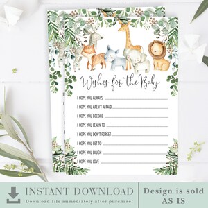 Wishes for the Baby. Safari Baby Shower Game. Greenery Jungle Animals Baby Sprinkle Printable. Instant Download. JUN12