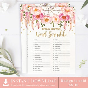 Word Scramble Bridal Shower and Hens Party Game Printable Pink / Gold Boho Floral Theme FLO12A image 1