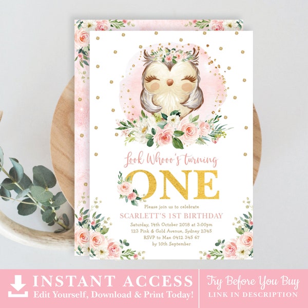 Editable Girl Owl 1st Birthday Invitation. Pink Gold Floral Owl Party Printable Invite. EDITABLE TEMPLATE. Instant Download. OWL1