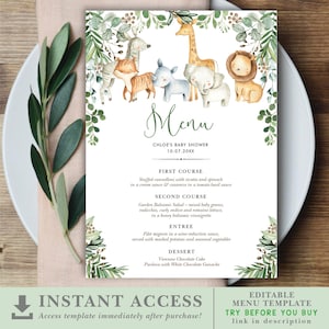 EDYTOWALNY Szablon Menu Safari w Dżungli. Karta Menu do Wydrukowania z Zielonymi Dzikimi Zwierzętami. Neutralny Baby Shower. 1. Urodziny NATYCHMIASTOWE POBIERANIE. 12 CZERWCA