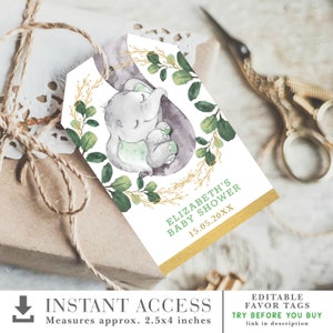 Etiqueta De Favor De Gracias Elefante Verde Moderno. Plantilla EDITABLE para Baby Shower de Selva Botánica. Descarga imprimible de Wild One Birthday. GR1