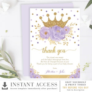 BEWERKBARE kroonprinses Bedankkaart. Paars gouden koninklijke babyshower. Bloemen verjaardagsfeestje afdrukbare gunsten. DIRECTE DOWNLOAD. FLO18J