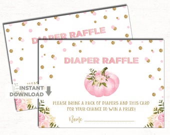 Pink Pumpkin Diaper Raffle. Pink and Gold Baby Shower Invitation Insert Card. Autumn Floral Baby Girl Insert. Blush Gold Flowers. FLO18B