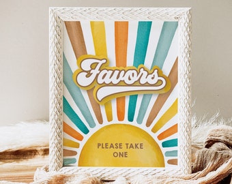 Sunshine Baby Shower Favors Sign Here Come The Sun Birthday Party Decor Retro Groovy 1st Trip Around the Sun Decoration Instant Download SN1