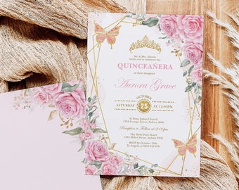 Editable Quinceanera Invitation Template Pink Gold Floral Mis Quince 15 Anos Invite Butterflies Crown Princess DIY Instant Download, FLO10