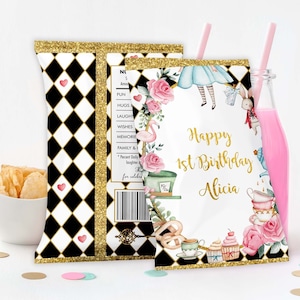 Alice in Wonderland Chip Bag, Onederland Birthday Favors, Mad Hatter Tea Party Baby Shower Editable Template INSTANT DOWNLOAD, AL1 image 1