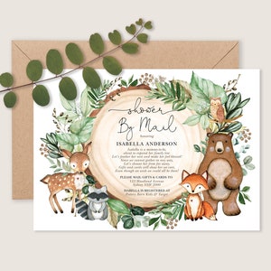 Woodland Baby SHOWER BY MAIL Invitation. Greenery Forest Animals Long Distance Printable Invite. Editable Template Download. WOOD24