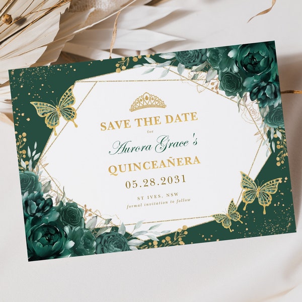 Emerald Green Quinceañera Save the Date Editable Template Floral Butterflies Mis Quince 15 Anos Birthday Printable Instant Download FLO17