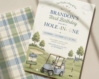 Hole in One: Golf 1st Birthday Invitation Canva Template Digital Download, GOLF1