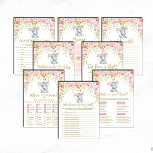 FORFAIT DE JEUX Floral Elephant Baby Shower. 8x jeux imprimables de jungle de fille d'or rose. Le prix est juste. Carte de pronostics. Jeu de téléphone. ROSE2