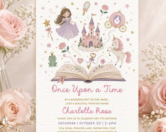 Storybook Princess Birthday Invitation, Pastel Fairytale Girl Birthday Canva Template Digital Download, PR1