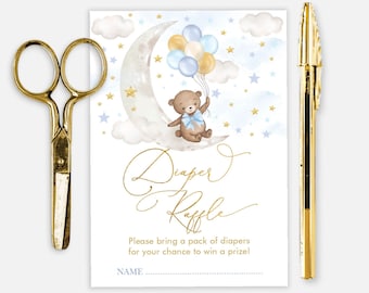 Teddy Bear on Moon Diaper Raffle, Bear Balloon Printable, Blue Gold We Can Bearly Wait Baby Shower Invitation Insert, INSTANT DOWNLOAD, BR8