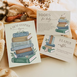 May include: Baby shower invitations and cards with a stack of books design. The main invitation reads "A New Chapter Begins" and includes details for Penelope Kennedy's baby shower. Additional cards say "Books for Baby" and "Diaper Raffle".