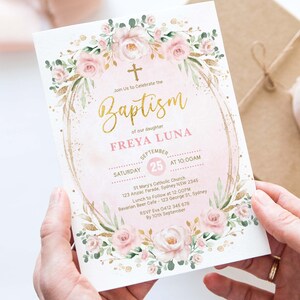 Girl Baptism Invitation, Blush Pink Gold Floral Christening EDITABLE TEMPLATE, FLO40