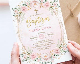 Doopuitnodiging meisje, blush roze gouden bloemen doop BEWERKBARE SJABLOON, FLO40
