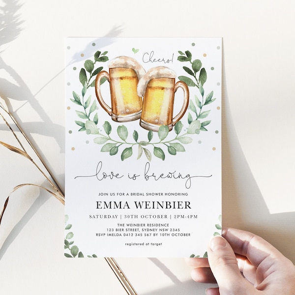 Love is Brewing Beer Bridal Shower Invitation, Cheers and Beers Wedding Shower Invite, Brewery Couples Shower, Corjl Editable Template, OKT1