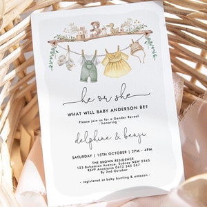 Gender Reveal Babypartyeinladungsvorlage, Boho-Babykleidung einladen, Er oder Sie, Junge oder Mädchen lädt Printable ein, bearbeitbarer Download, NR1